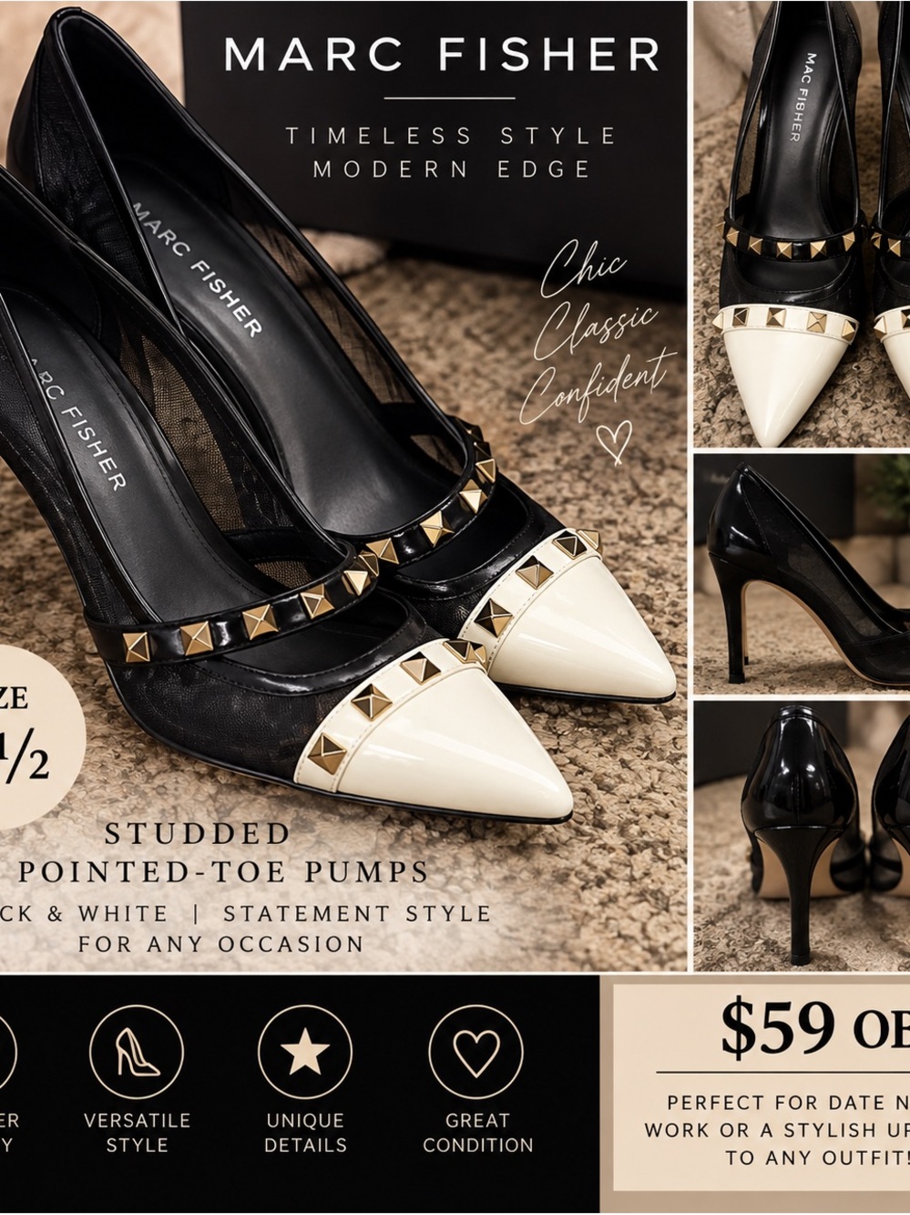 Marc Fisher Black and Cream Studded Pointed-Toe Pumps